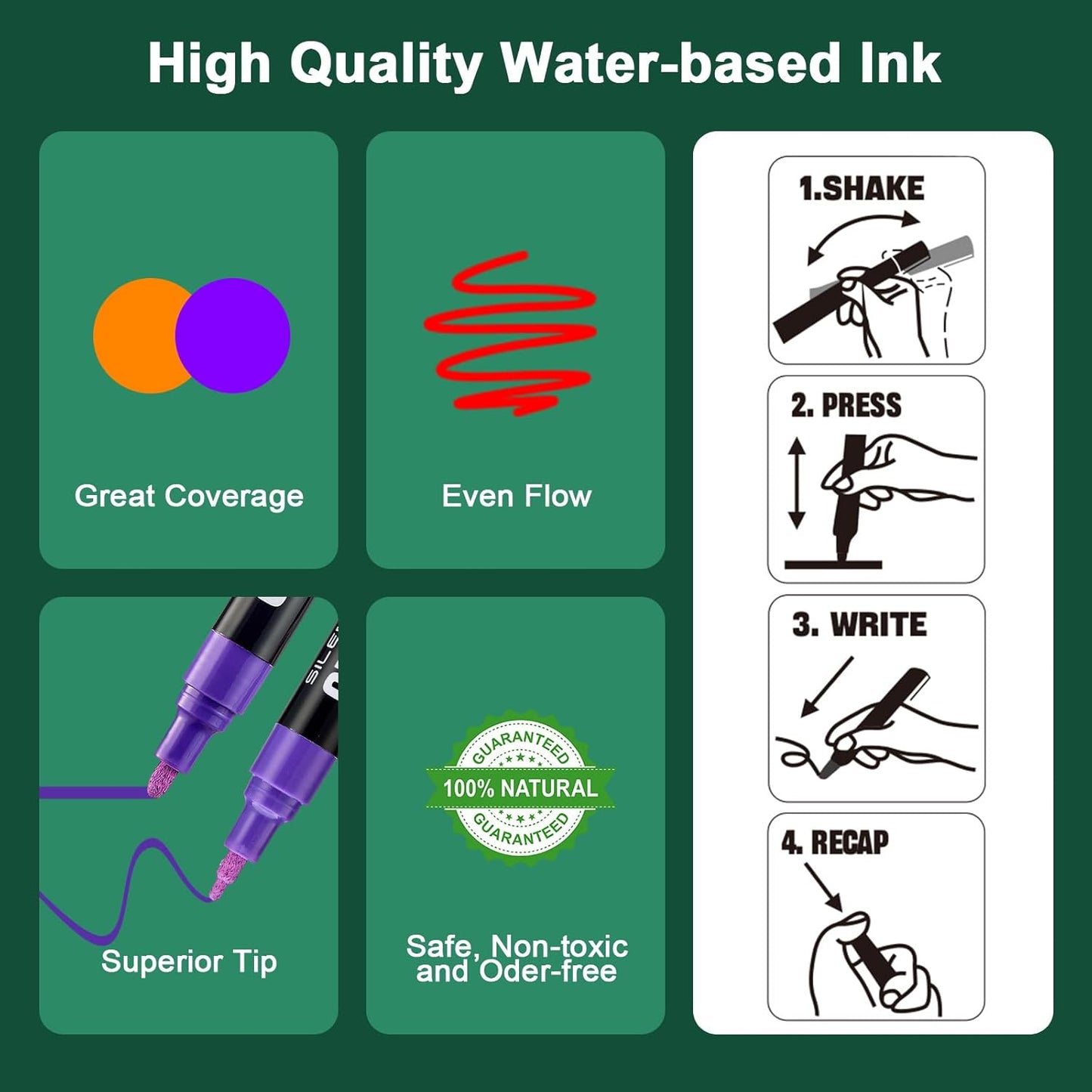 SILENART Chalk Markers Green 8 Pack - Vibrant Chalkboard Marker for Blackboard Dry Erase Board Windows Glass Mirror Menu Board - - 8 Pack