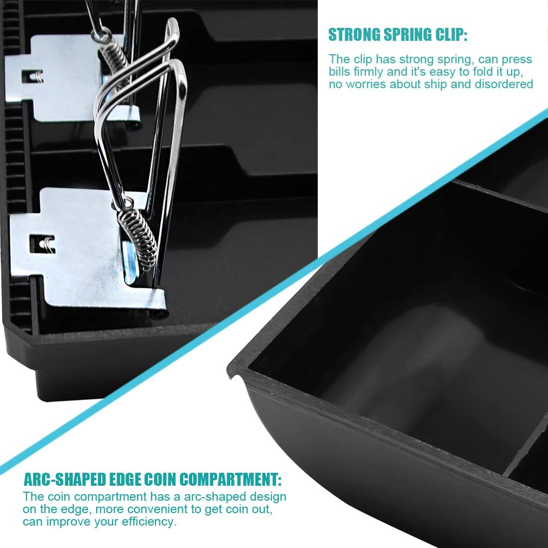Cash Register Drawer Insert Tray 4 Bill/3 Coin Compartments with Metal Clip for Money Storage, Black