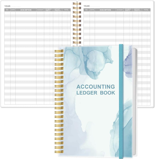 Accounting Ledger Book - A5 Ledger Book for Bookkeeping, Small Businesses & Personal Use, Expense Tracker Notebook for Tracking Money, Expenses, Deposits & Balance, 5.8" x 8.4", Watercolor Blue