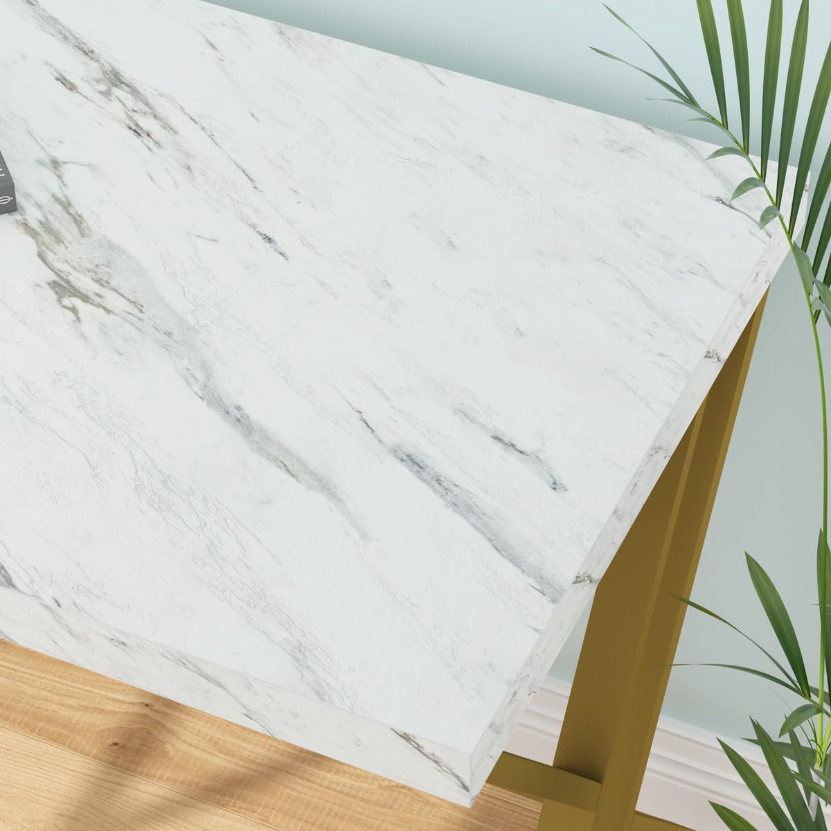 LVB White and Gold Desk, Wood Faux Marble Home Office Computer Desk, Modern Study Executive Table for Gaming Writing, Metal Simple Student Desk for Bedroom, White Marble and Gold, 55 Inch