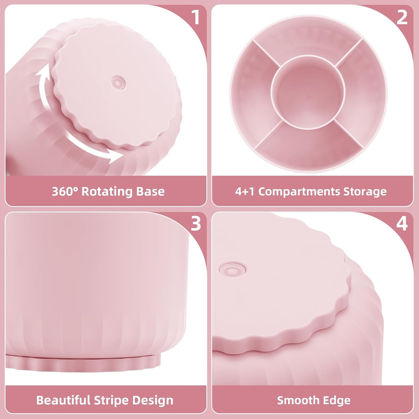 Marbrasse Desk Organizer, 360-Degree Rotating Pen Pencil Holder, Desk Organizers and Accessories with 5 Compartments Pencil Organizer, Art Supply Storage Box Caddy for Office, Home (Pink)