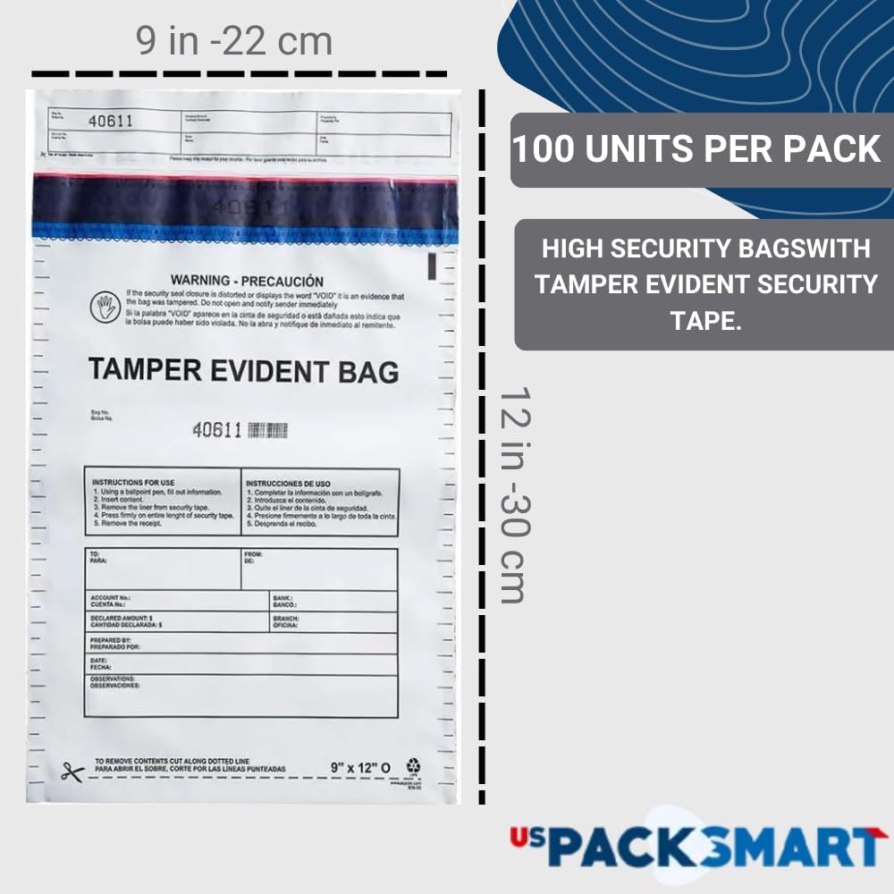 9”x12" Opaque Plastic Deposit Bags with Security Tape Tamper Evident - Secure Bank Deposits, Cash Handling, & Currency Transport | Self-Sealing Tape with Hidden Graphics | 100-Pack