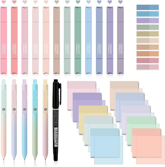 Jutom 38 Pcs Book Annotation Kit Aesthetic Highlighters Gel Pens Set Sticky Notes Tabs Markers Dual Ended Highlighter Quick Dry Ink Pens for Office Annotating Books(Delicate Color,Square)