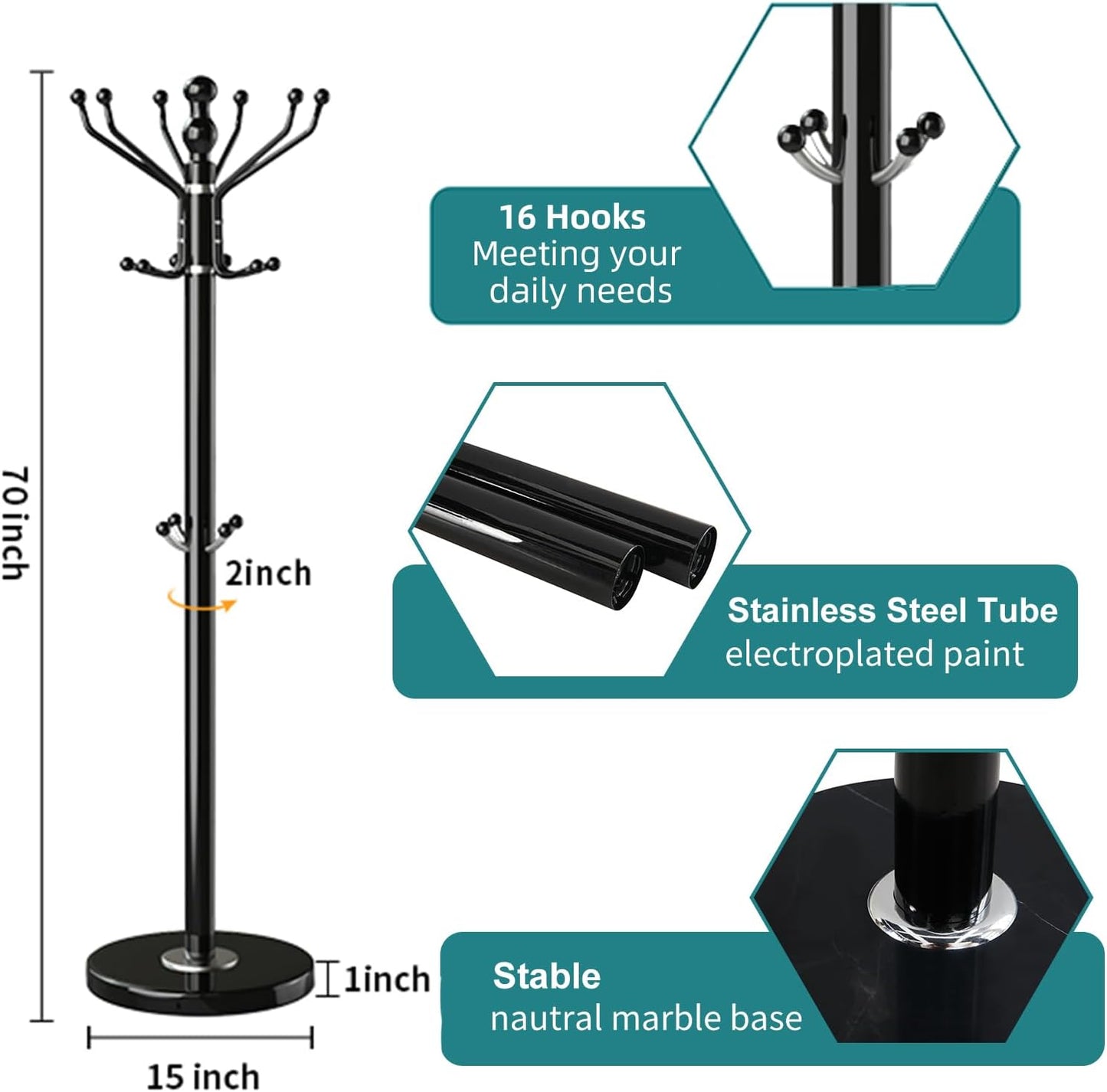 Modern Coat Rack with Natural Marble Base, Metal Freestanding Coat Racks with 16 Hooks, Sturdy Coat Rack Stand for Hanging Scarf, Bag, Jacket, Standing Coat Hall Tree Hanger Holder Stand