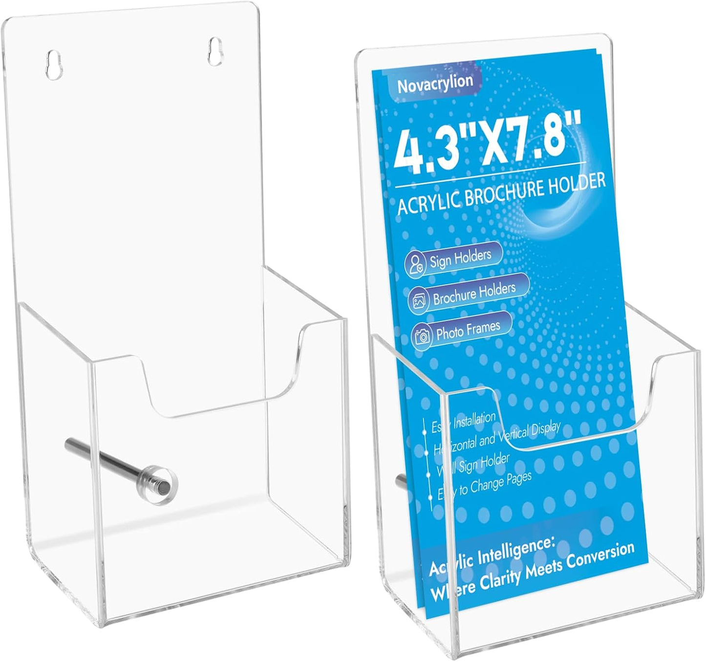 Acrylic Brochure Holder 2 Pack Clear 3 mm Thick Convertible Wall Mount & Desktop Display Stand for Flyers Menus Posters Office Retail Restaurant (2 Pack, 4.3*7.8inch)
