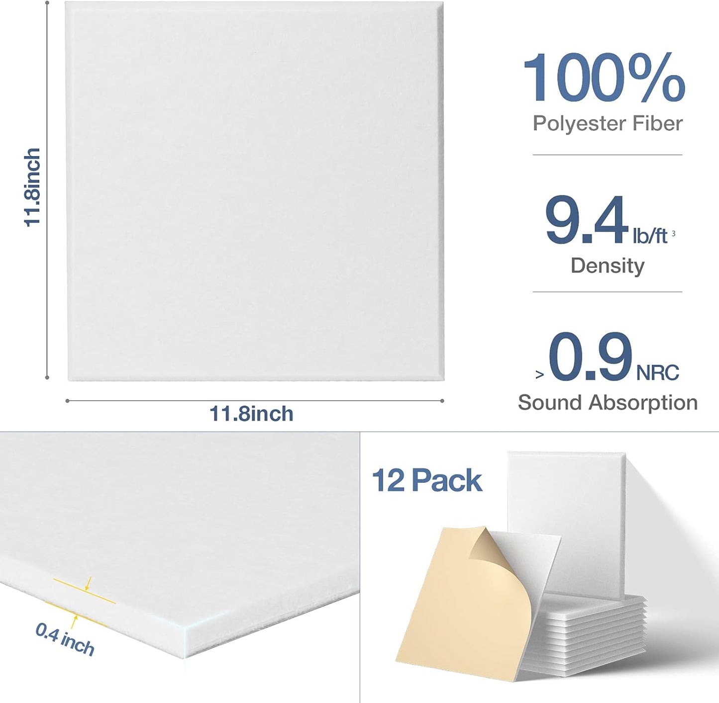 12 Pack Self-Adhesive Acoustic Panels, 12" X 12" X 0.4" High-Density Polyester Sound Proof Foam Panels for Walls, Soundproof Wall Panels for Home & Office (White)