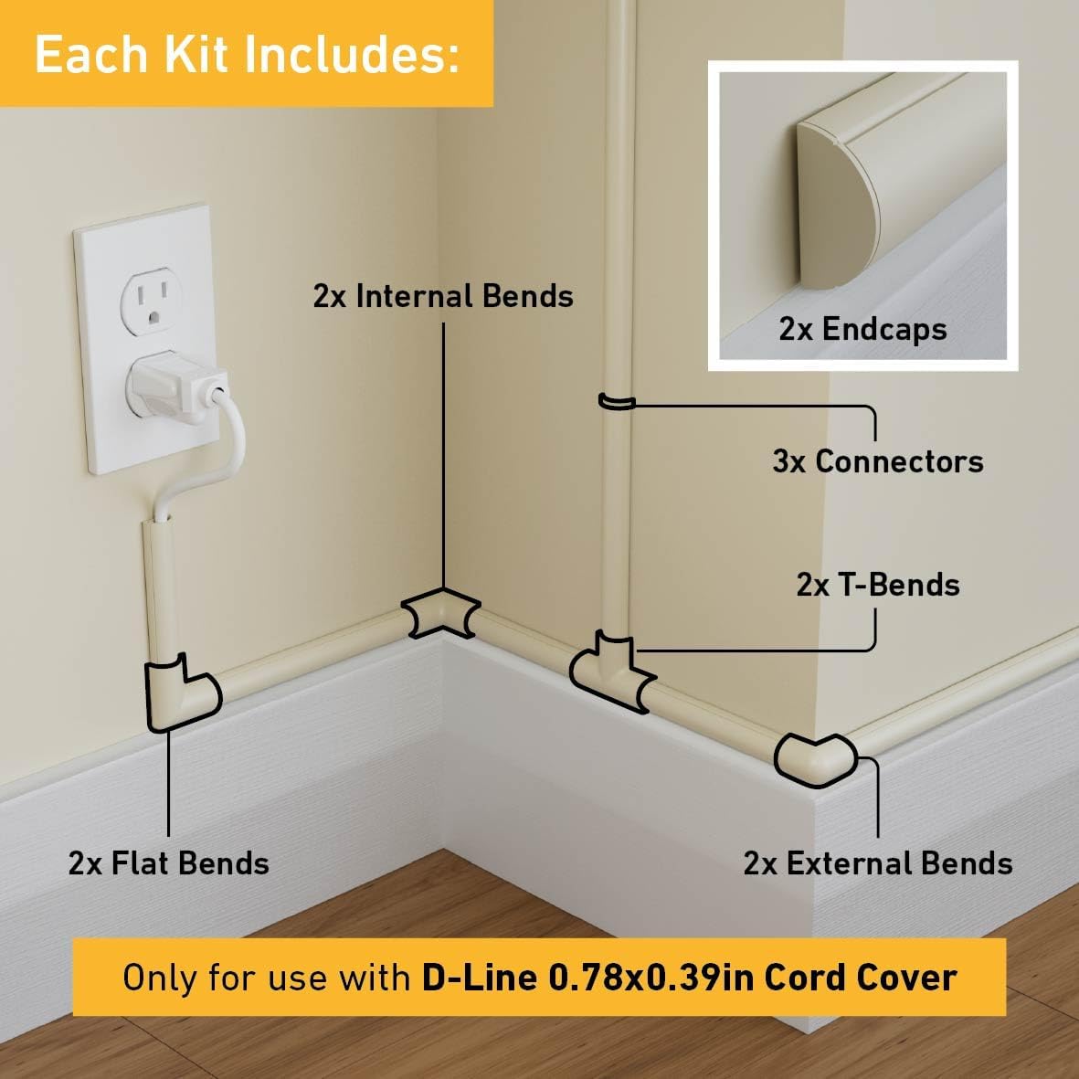 D-Line Small Cable Raceway Accessory Pack, Join 0.78in x 0.39in Cord Cover Lengths, 13 Accessories Included, Hide Cords Around a Variety of Angles - Beige