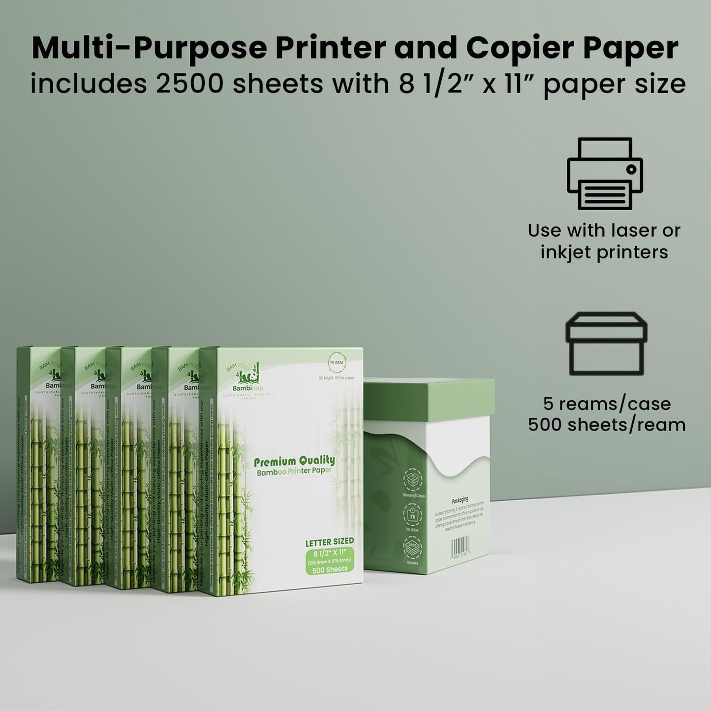 Bamboo Printer Paper - 8 1/2” x 11” - 20LB Multipurpose White Paper - Made from Bamboo Fiber, Renewable Resources, Zero Trees Used - 5 reams (2500 Sheets)