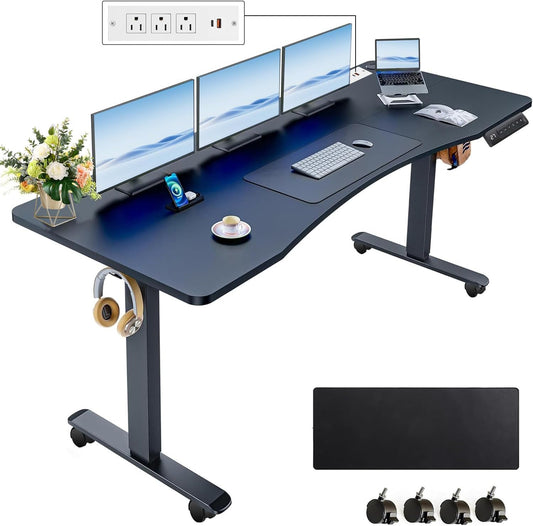 Electric Standing Desk 63 x 24 Inches Adjustable Height Ergonomic Sit Stand Up Desk Curved for Home Office Computer Workstation with 2 USB Ports 3 Power Outlets Memory Preset Wheels, Black