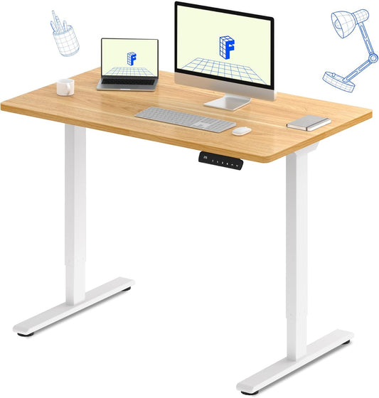 FLEXISPOT E3 Dual Motor Electric Standing Desk, 48x30 Inch Whole-Piece Board, Height Adjustable, Modern Style, White Frame + Maple Desktop, 4 Customizable Height Settings, 5-Year Warranty