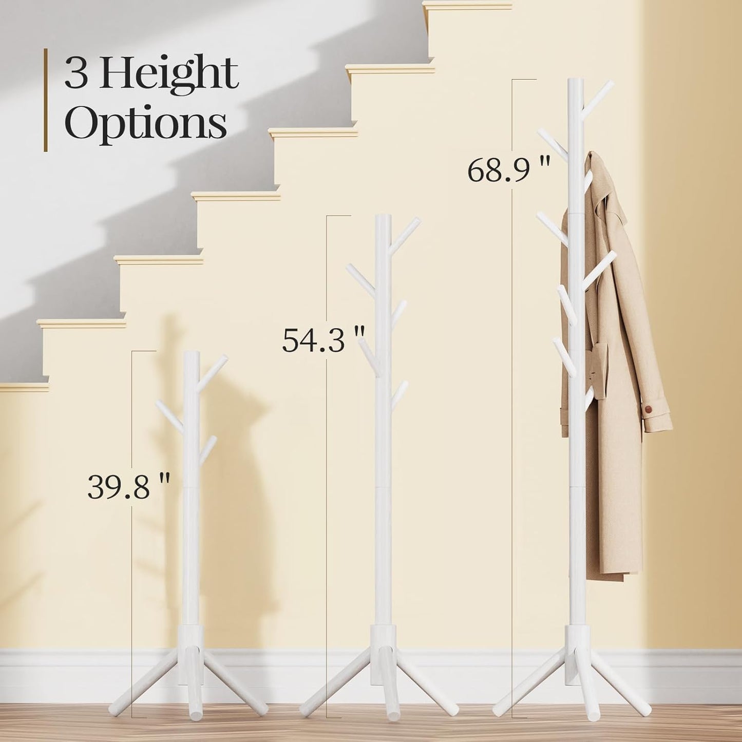 Pipishell Sturdy Wooden Coat Stand, 3 Adjustable Sizes Coat Tree with 8 Hooks, Coat Stands for Hallway Entryway, Hat Stand for Clothes, Used in Bedroom/Office/Hallway/Entryway, White