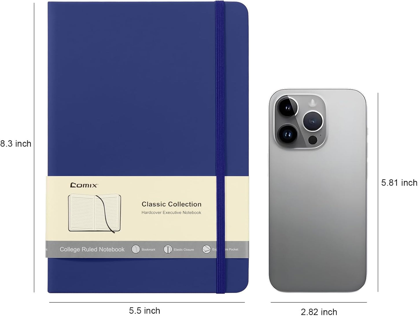 Comix 6 Pack Lined Journal Notebooks for Work, 240 Pages, 5.5"x8.3", Navy Blue, Hardcover, A5 Medium College Ruled, Journaling Notebooks for Notes-taking, Fits for Office School Home