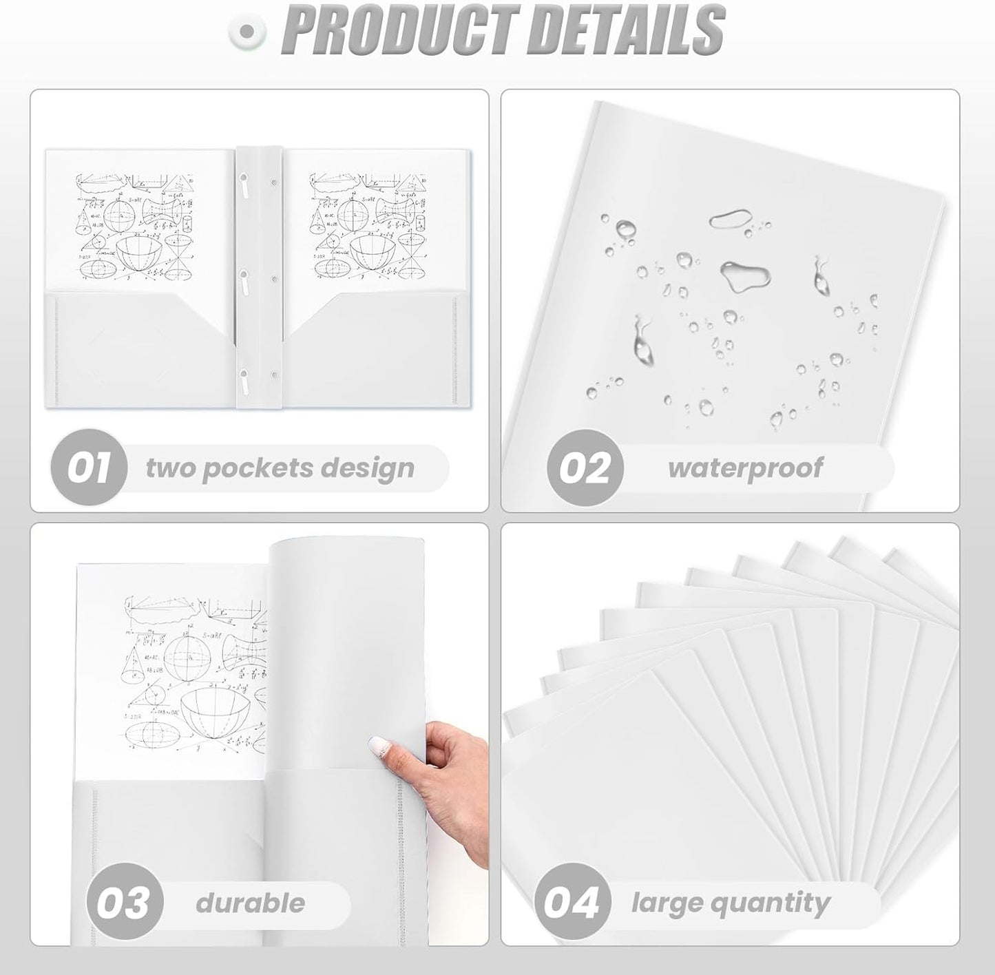 Lincia 100 Pcs Plastic Folders with Pockets and Prong Folders with Prongs 2 Pockets for Office, School for Students, Teachers, Office Workers(White)