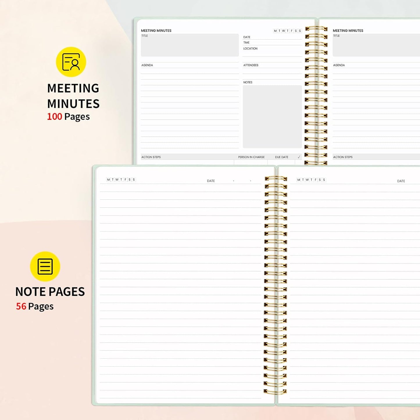 SUNEE Meeting Notebook for Work with Sticky Tabs - 160 Pages, B5 Size Project Planner, Spiral Meeting Agenda/Minutes Notebook Organizer for Women Men, Note Taking, Office & Business,7"x10", Sage Green