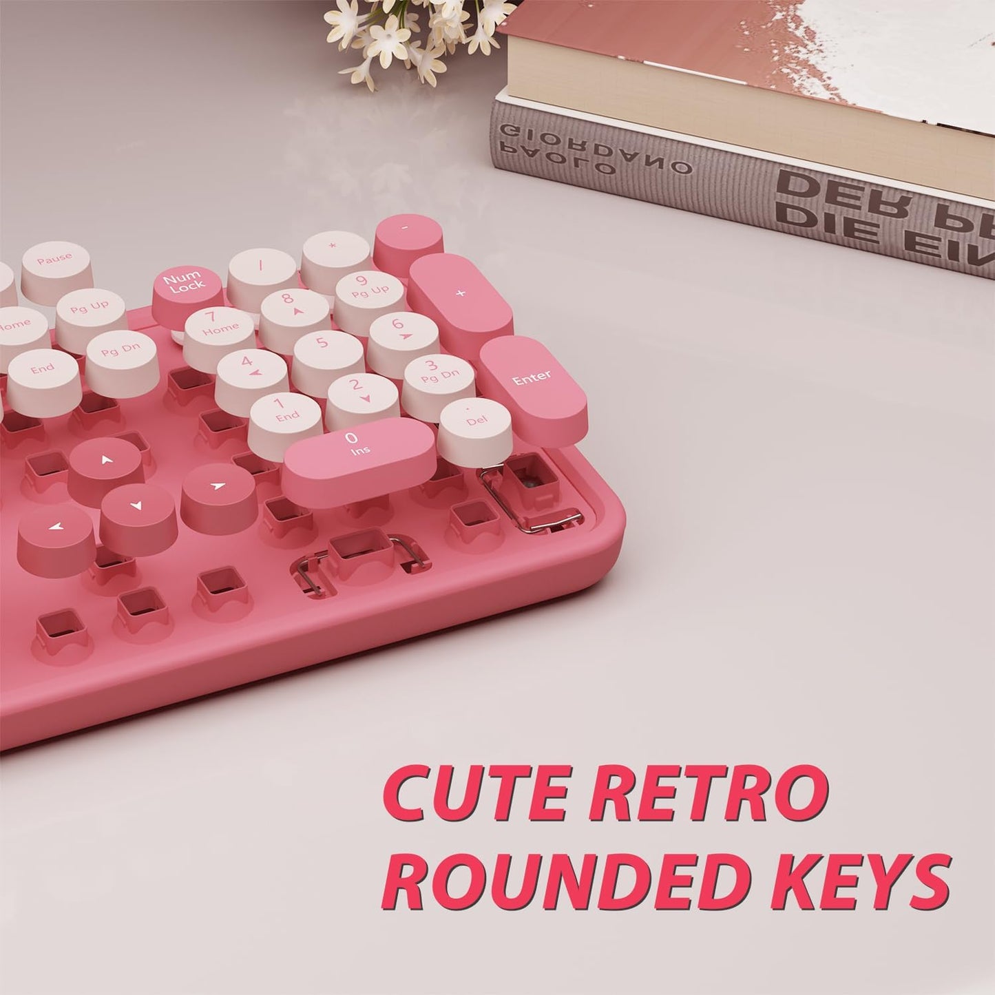 Wireless Keyboard,KOOTOP Cute Colorful 104 Keys Typewriter Retro Round Keycaps Keyboard for PC Laptop,Desktop,Windows, Home and Office Keyboards(Pink)