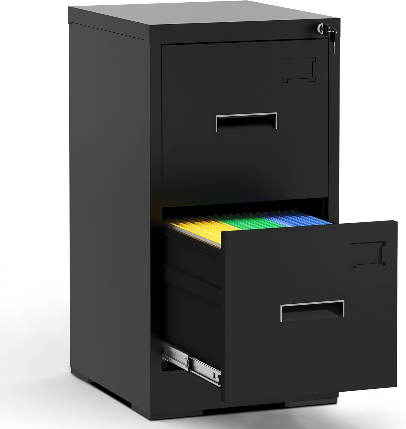 2 Drawer File Cabinet with Lock and Card Slot, Metal Vertical Filing Cabinets for Home Office, Steel Storage Cabinet for Hanging Legal/Letter Size Files, Assembly Required (Black)