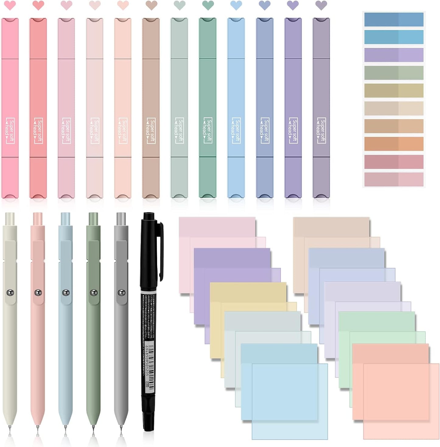 Jutom 38 Pcs Book Annotation Kit Aesthetic Highlighters Gel Pens Set Sticky Notes Tabs Markers Dual Ended Highlighter Quick Dry Ink Pens for Office Annotating Books(Classic Color,Square)