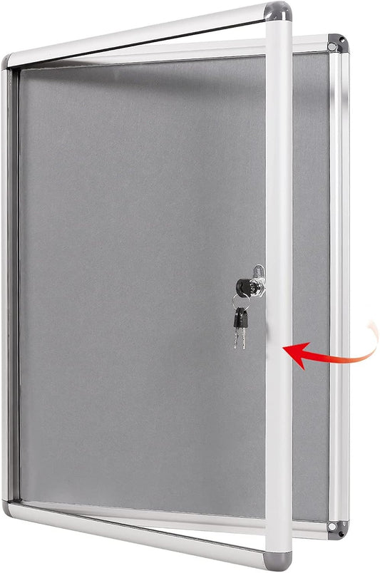 SWANCROWN Enclosed Bulletin Board Lockable Noticeboard Case with Aluminium Frame,Grey Felt, 20x14inch (2xA4)