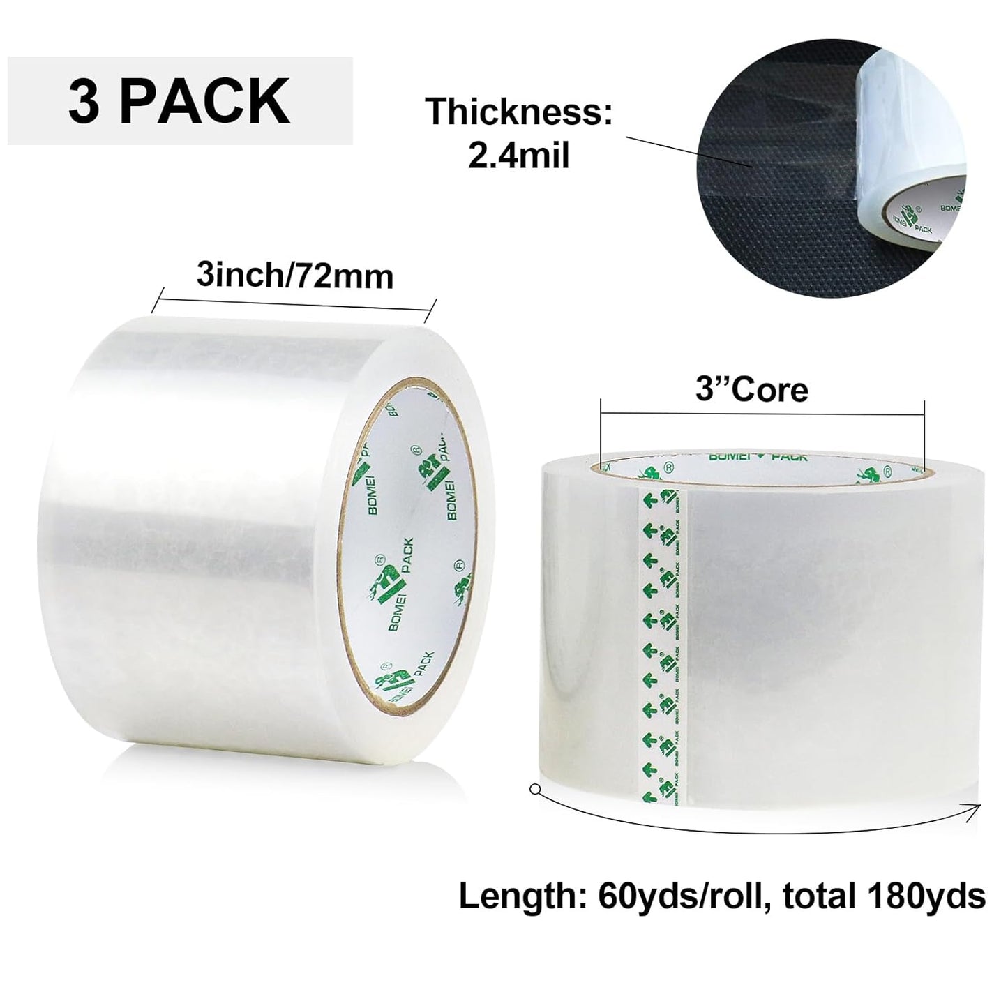 BOMEI PACK 3 inch Wide Heavy Duty Packing Tape, 2.4 Mil 3.0 Inch x 60 Yards, 3 Refills Rolls Clear Box Tape for Moving, Shipping, Mailing and Packaging