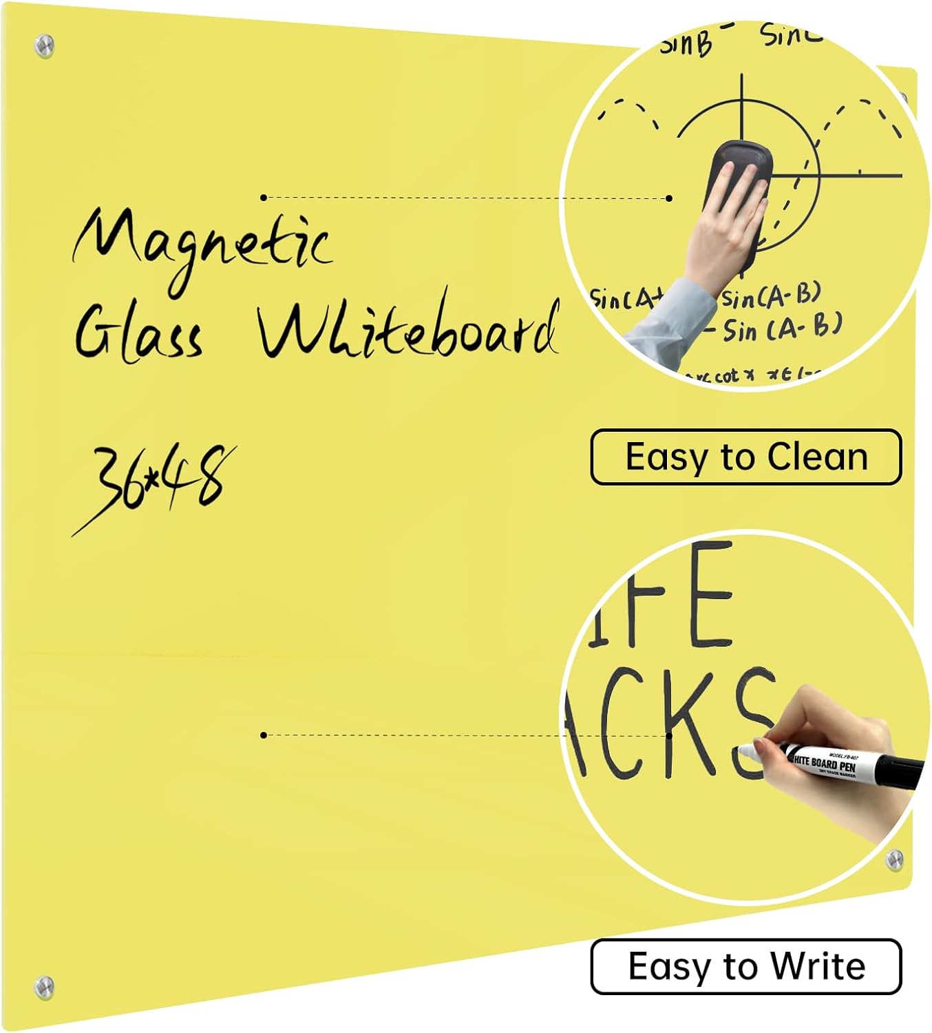 Magnetic Glass Dry Erase Board - White Board 48 x 36 Inch Wall Mounted Glass Whiteboard, Large Frameless Glass White Board for Wall Office, Home & School, Yellow