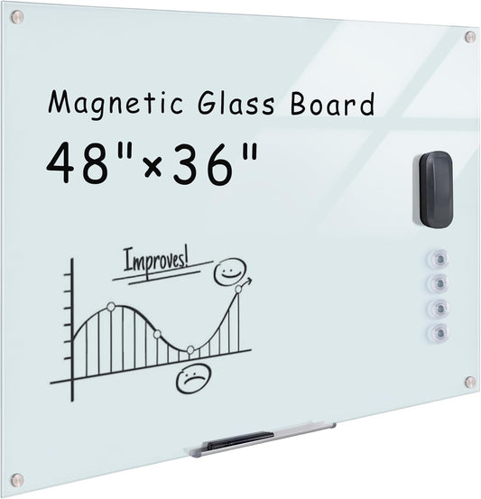 Magnetic Glass Whiteboard，48"x36" Wall Mounted Frameless Dry Erase Board for Office, Home & School White