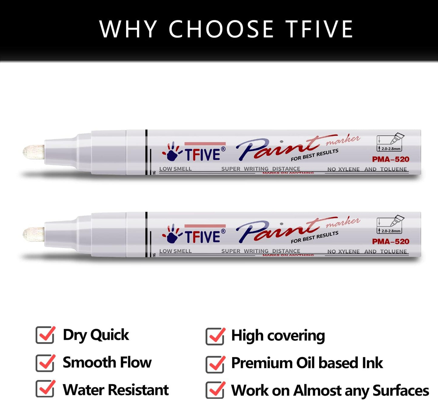 TFIVE White Permanent Paint Marker Pens - 2 Count Oil Based Marker Pen, Medium Tip, Waterproof & Quick Dry, for Office, Art projects, Rock Painting, Ceramic, Glass, Wood, Plastic, Metal, Canvas