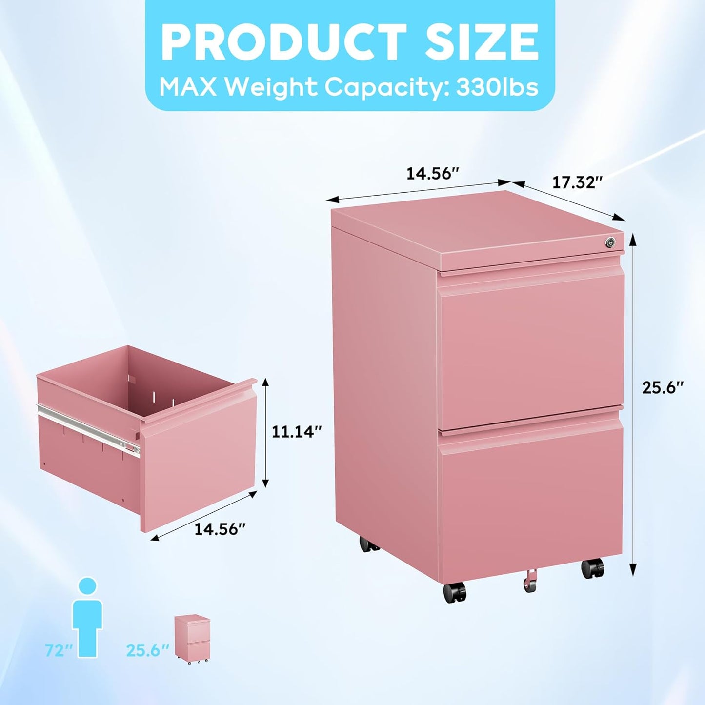 Aobabo 2 Drawer File Cabinet, Lockable Metal Filing Cabinet with Wheels for Home Office, Legal/Letter Size, Fully Assembled Except Wheels, Pink