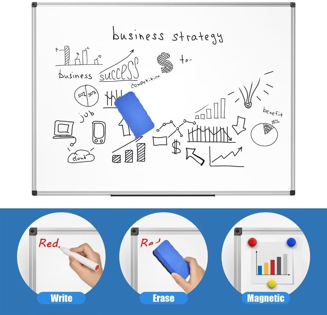 Magnetic Dry Erase Whiteboard 48 x 36 Inch - 4 x 3 Large White Board, Silver Aluminum Frame Wall-Mounted, Magnetic Eraser, 2 Pen, Detachable Marker Tray, 6 Magnets for Office, School