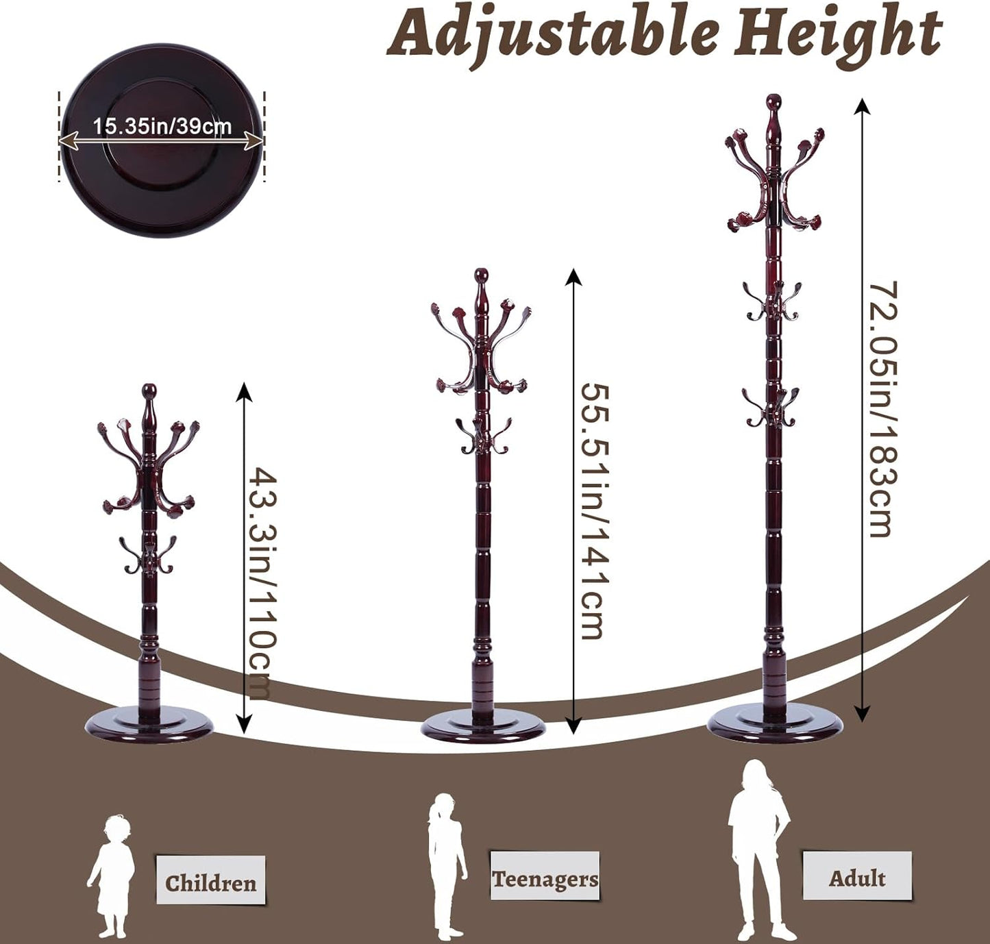 Wooden Coat Rack Freestanding with Resin Hooks, Adjustable Heavy Duty Stand for Hanging Coats, Bags, Hats, and Umbrellas in Living Room, Bedroom, Entryway (Rosewood-Ruyi Hook)