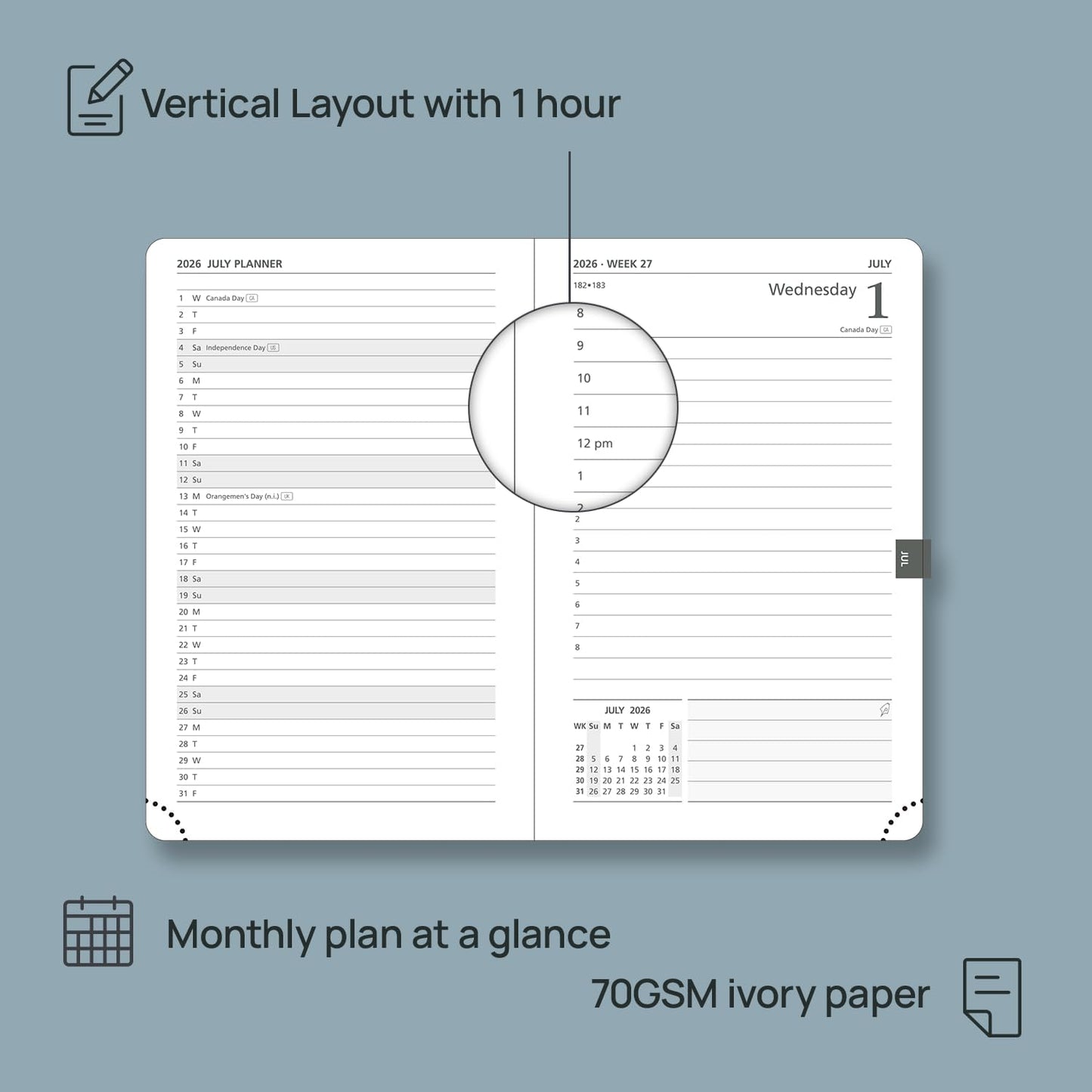 POPRUN 2026 Daily Planner One Page Per Day A6 Size Calendar (4.25" x 6.25") - 12 Months Hourly Appointment Book with Hardcover, Monthly Tabs, Pocket, Pen Holder - Light Yellow