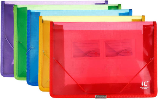 Eco-Friendly Plastic File Folders, Expanding Poly File Wallet, Transparent Expandable Envelope Organizer Document Folder with Elastic Band and Button Closure, with Small Two Pockets, 5 Colors