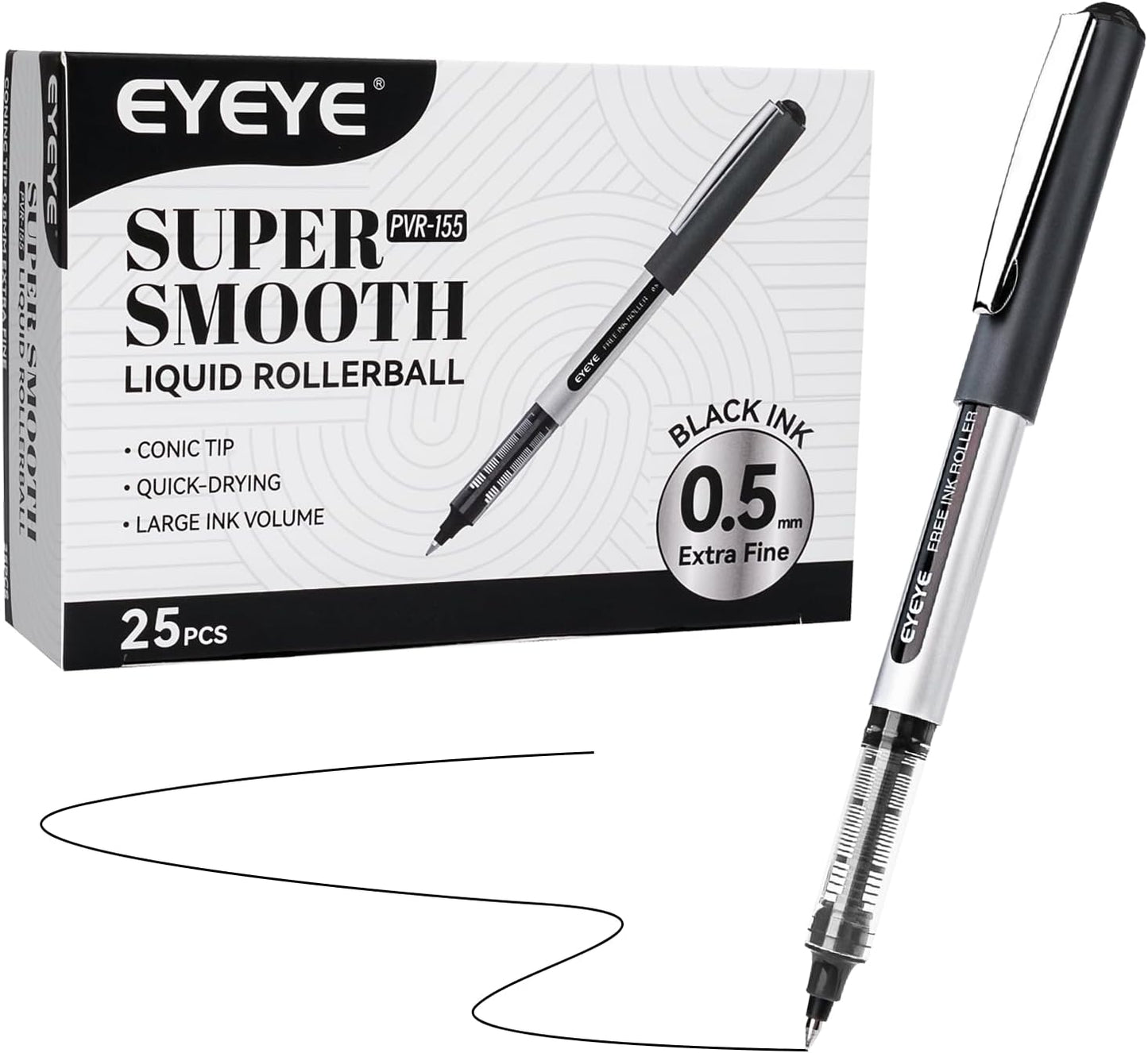 EYEYE 0.5mm Black Rollerball Pens 25 Pack, Extra Fine Point Roller Ball Pen Quick Dry, Liquid Ink Pens Fine Point Smooth Writing Pen for Journaling, Note Taking, Office, School Supplies