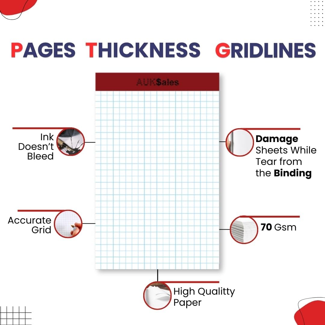 Grid Paper Pad 5x8 Inches, Graph Paper Pad 4x4, Grid Notepad, 12 Pack, 5x8 Graph Paper 1/4 Grid, Graphing Paper, Engineering Pad, 100 Sheets 200 Pages Perforated Pad for School, Home, & Office