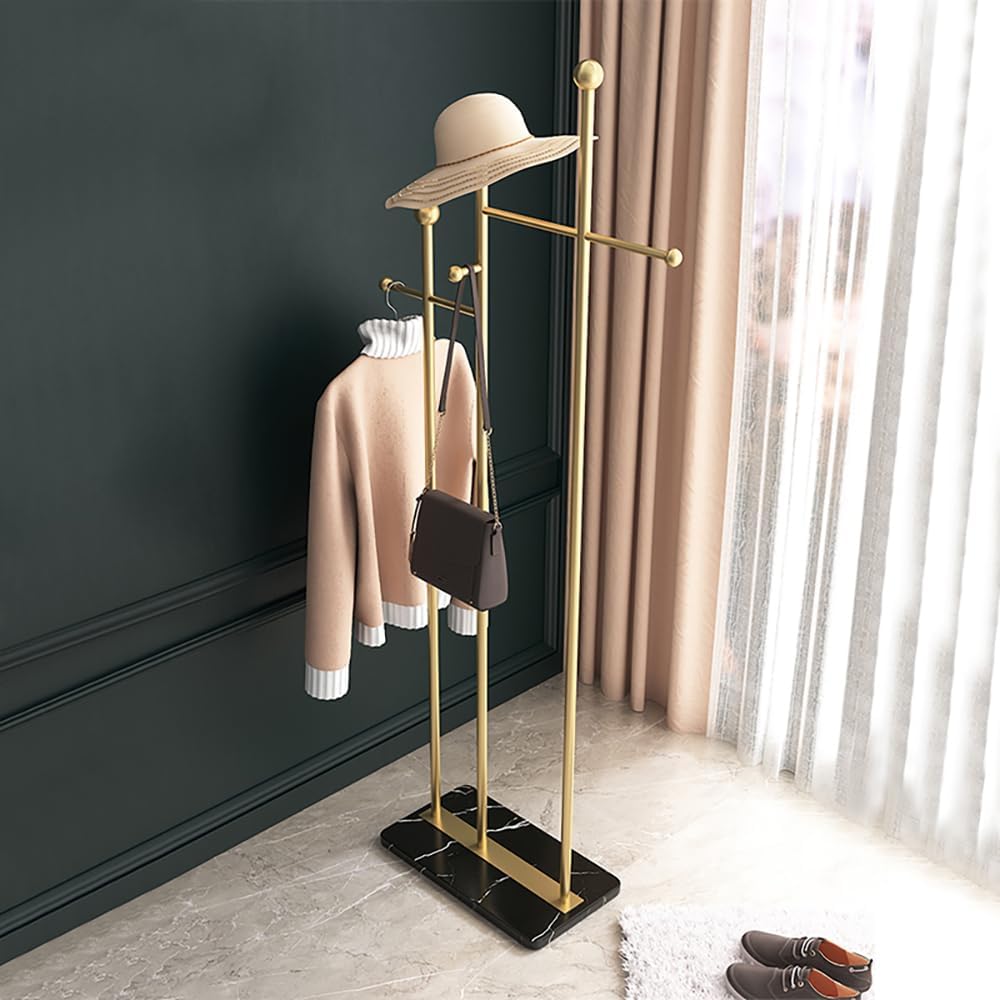 Standing Coat Rack with Marble Base Heavy Duty Clothes Hanger Rack Metal Coat Tree for Clothes Hats Scarfs Purses 19.69 x 11.02 x 68.9 Inches (Gold)