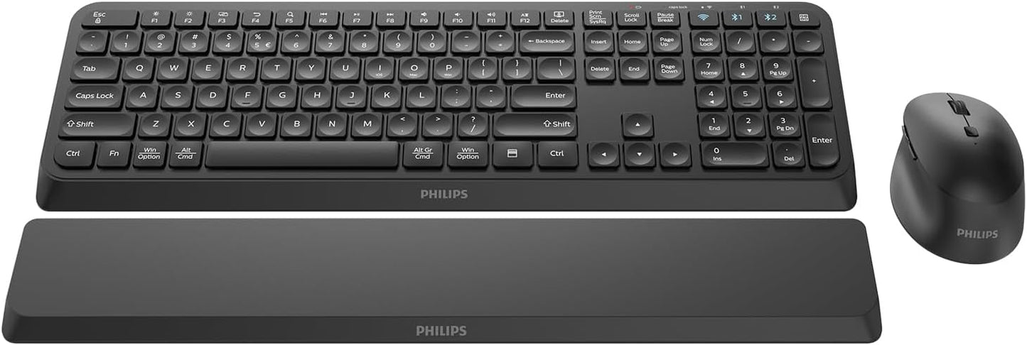 PHILIPS Bluetooth Keyboard and Mouse Combo - Bluetooth 2.4Ghz Wireless Keyboard and Mouse,Ergonomic Design with Palm Rest,3-Device Connectivity, 5 DPI Mouse, Long Battery for Office & Home -Black
