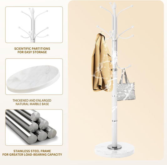Coat Rack with Natural Marble Base, Metal Modern Coat Racks Freestanding, Coat Rack Stand with 12 Hooks, Coat Tree Hats Hanger Stand for Entryway, Hallway (12 Hooks-White)
