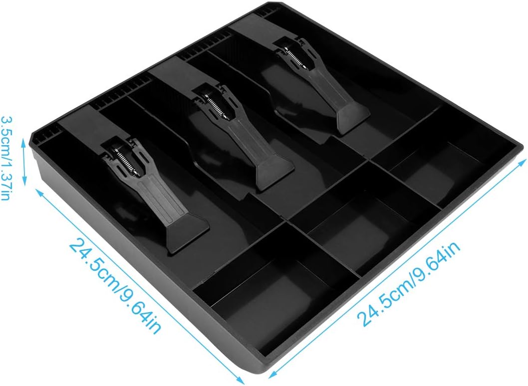 Cash Register Drawer Insert Tray 3 Bill/3 Coin Compartments with Plastic Clip for Money Storage, Black
