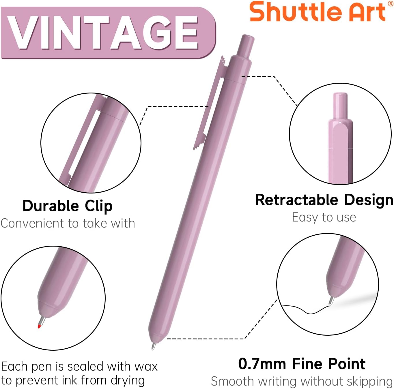 Shuttle Art Colored Retractable Gel Pens, 22 Unique Vintage Ink Colors, 11 Light and 11 Dark Vintage, Cute Pens 0.7mm Point Quick Drying for Writing Drawing Journaling Note Taking School Office Home