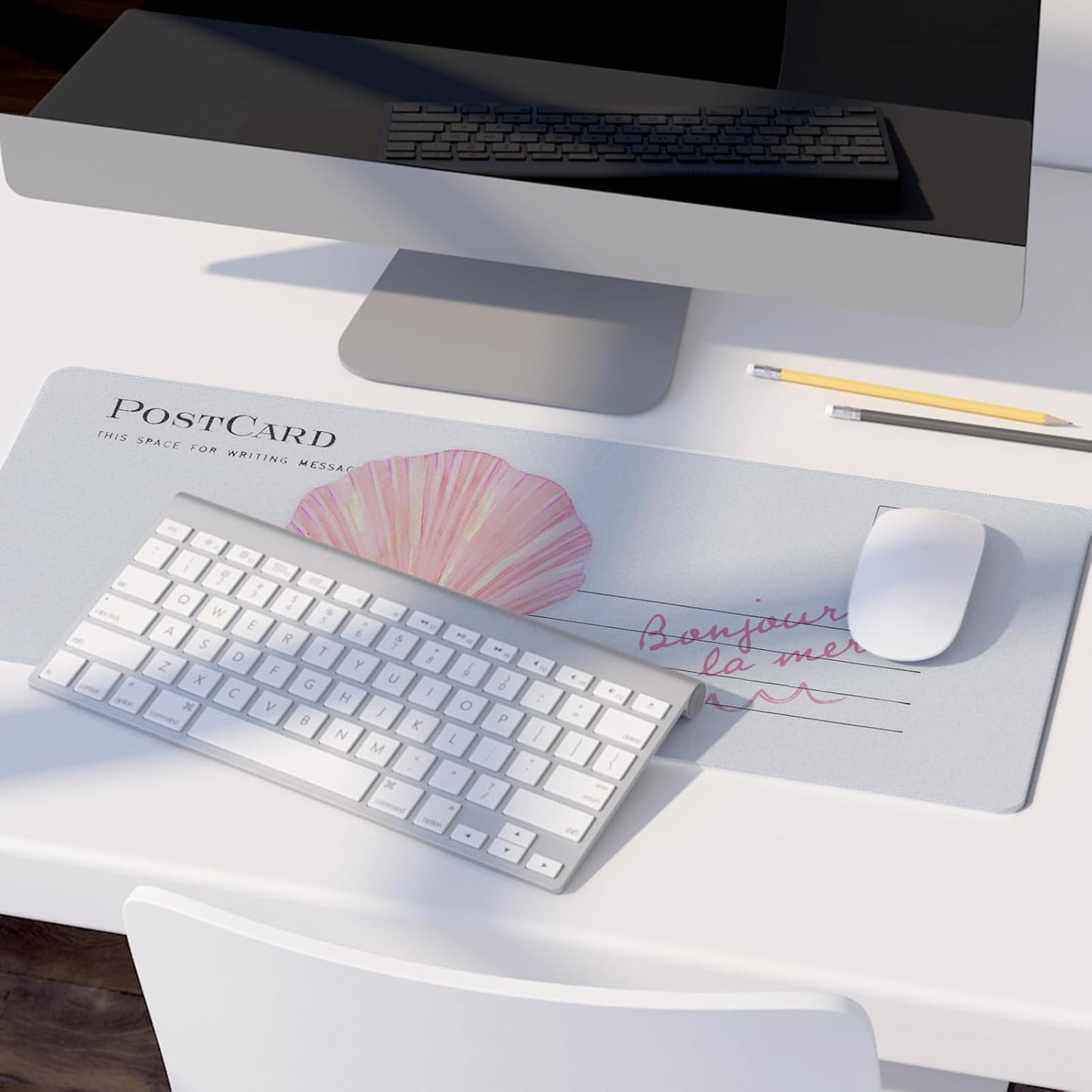 Pink Seashell Bow Mouse Pad,Ocean Themed Desk Mat,Pink XL Large Coastal Beachy Mouse Pad,Girly Summer Beachy Gaming Pads,Preppy Girly Desk Mat,Summer Beachy Desktop Decor Art,31.5x11.8 Inch