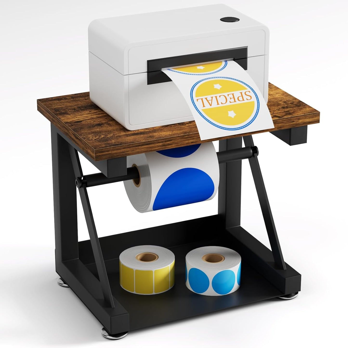 Label Holder for Thermal Printer, Heavy Duty Metal Label Holder for Rolls and Fan-fold Labels, Desktop Printer Accessory Supplies for Home, Office, Small Business (Black)