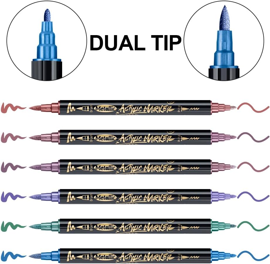TRANSON 12Colors Metallic Paint Markers Brush and Fine Dual-tip for Rock Wood Ceramic Canvas DIY Painting Drawing