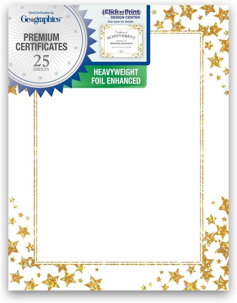 Gold Star Award Certificates, Holographic Gold Foil Design, 8.5”x11”, Professional Certificate Paper, Pack of 25 by Geographics®