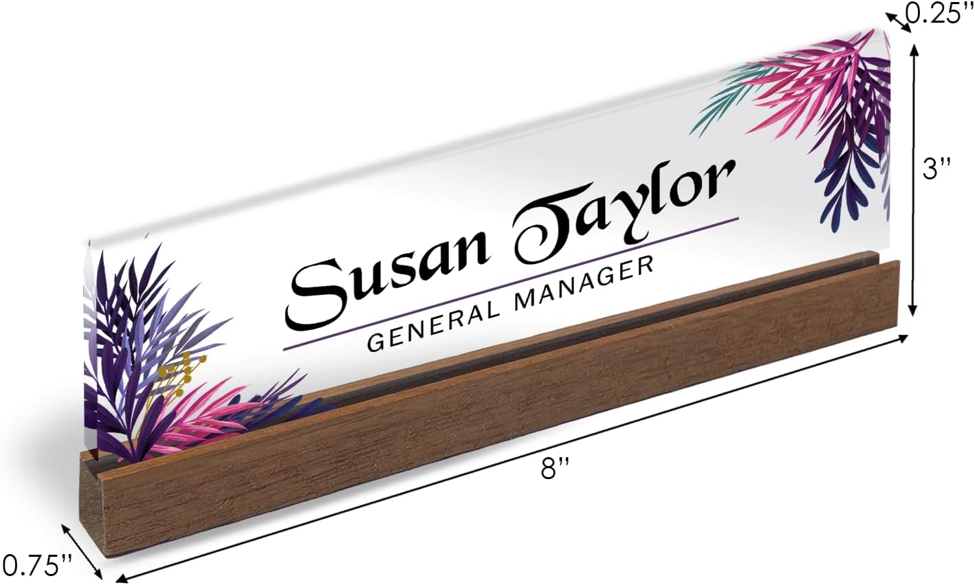 Artblox Personalized Office Desk Name Plate and Business Card Holder | Clear Acrylic Glass with Teak Wood Stand | Leaf Design Customized with Your Name and Credentials Office Desk Decor