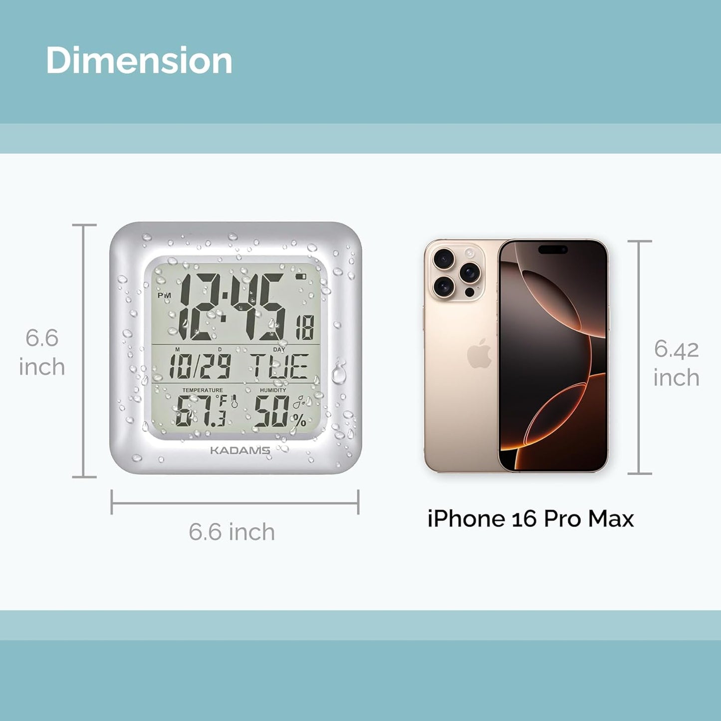 KADAMS Bathroom Clock 9.5" Kitchen Wall Clock with Large LCD Screen – Shower Clock with Suction Cup,Temperature, Humidity, Calendar – Water-Resistant, 4 Mounting Options, Silver