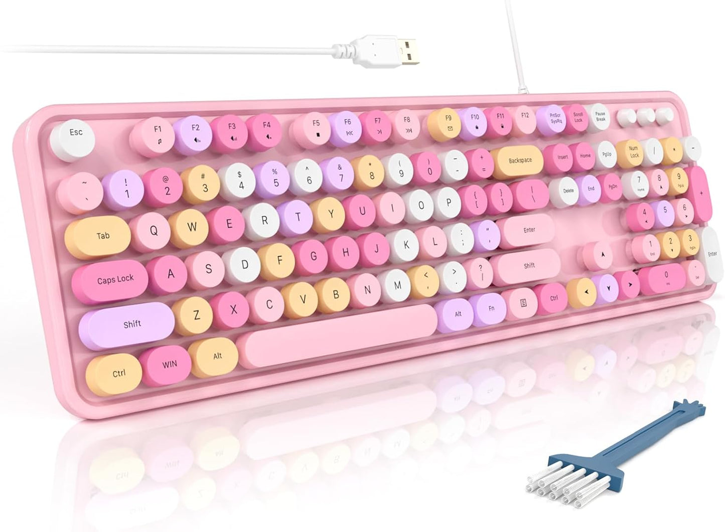 MOFII Wired Full Size USB Keyboard, Colorful Retro Round Typewriter Keyboard with Foldable Stands for Windows PC Laptop (Pale Pink)