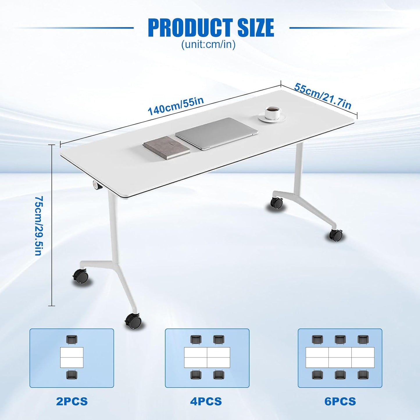 Conference Table, Folding Conference Desk Modern White, Seminar Table with Wheels, 2-10 People for Office, Meeting Break Room (2, 1915, 55IN)
