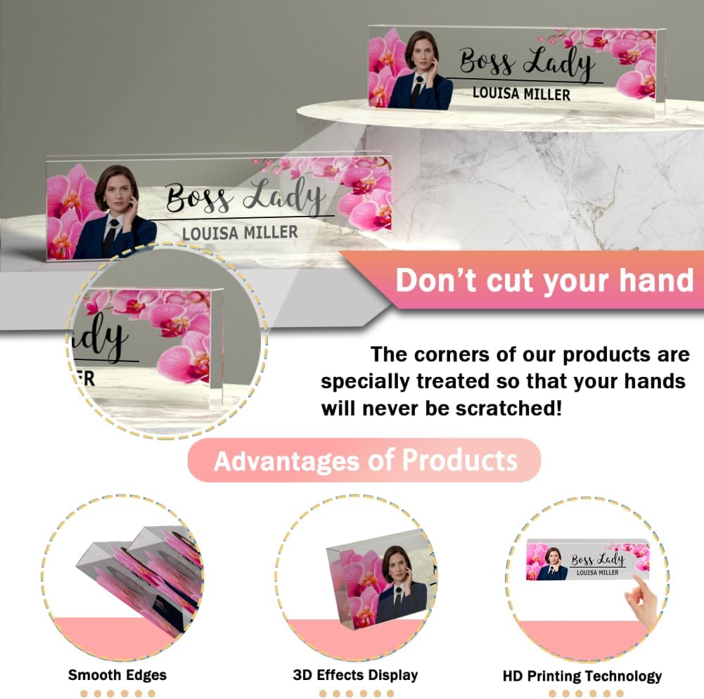 Personalized Photo Customizable Acrylic Desk Name Plate - Engraved Name & Title with Uploaded Image for Office, Lawyer Gifts, Teacher Decor