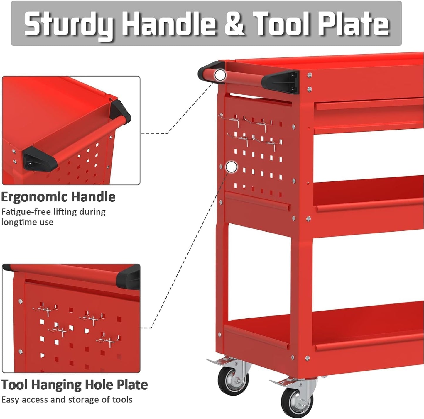 3 Tray Tool Cart with Drawers, 400 LBS Capacity Rolling Tool CartS on Wheels, Heavy Duty Utility Cart with Pegboard, Mechanic Tool Storage Cart for Garage, Warehouse and Repair Shop, Red