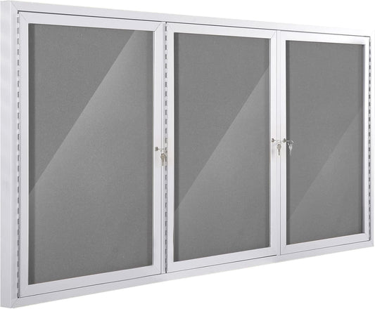 SWANCROWN Weather Resistant Enclosed Bulletin Board Gray Fabric Displays Boards Wall Mounted Notice Cabinet with Three Locking Doors, 70x36 inches