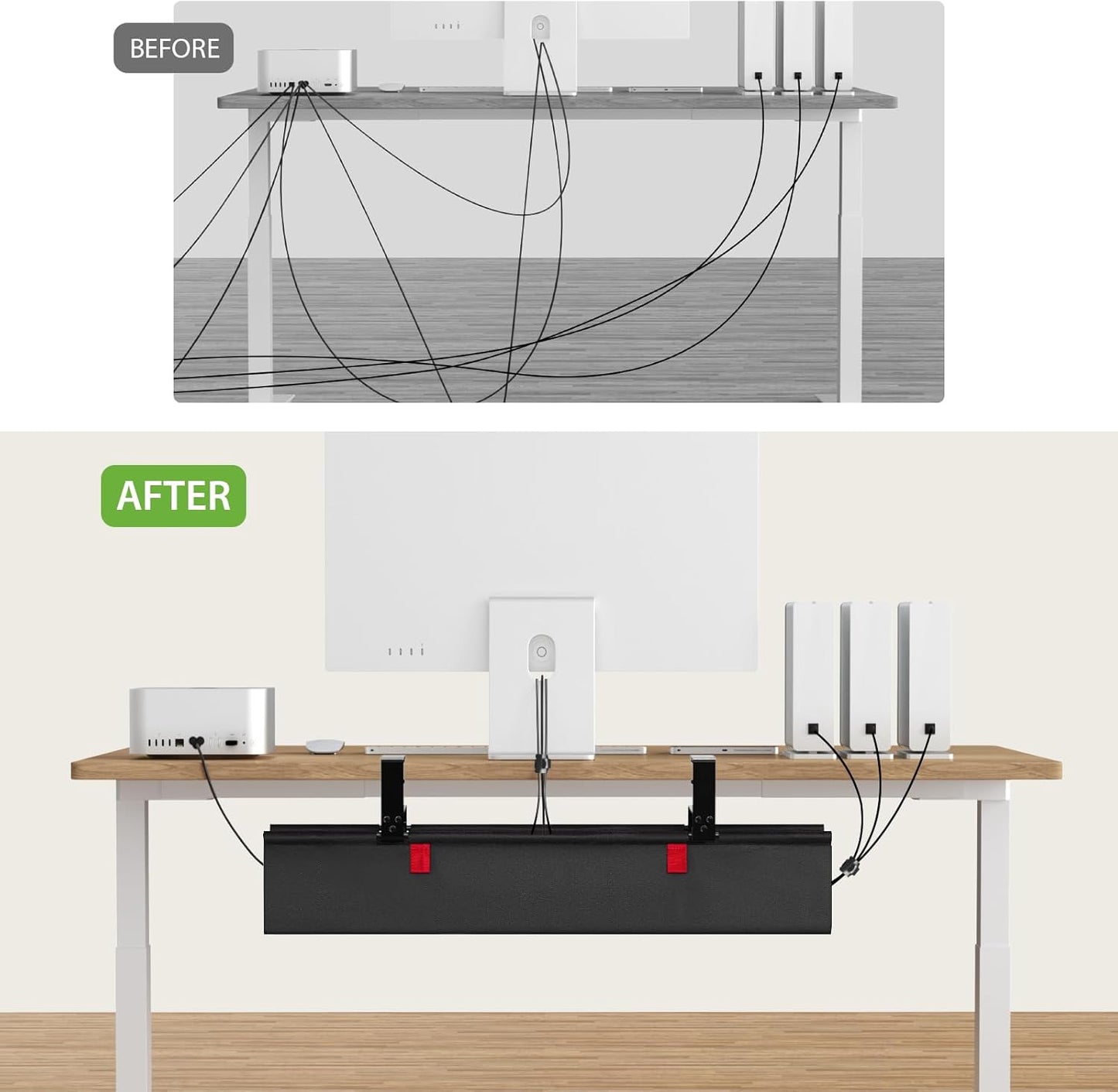 KEEGH No Drill Under Desk Cable Management Tray - 28" Cord Management Under Desk - Clamp/Screw Mount - Support Upto 70lbs - Fabric Wire Management - Gaming/PC Cable Tray Cord Hiders for Office/Home
